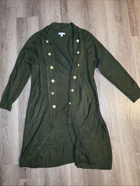New York & Company Olive Green Long Double-Breasted Knit Cardigan